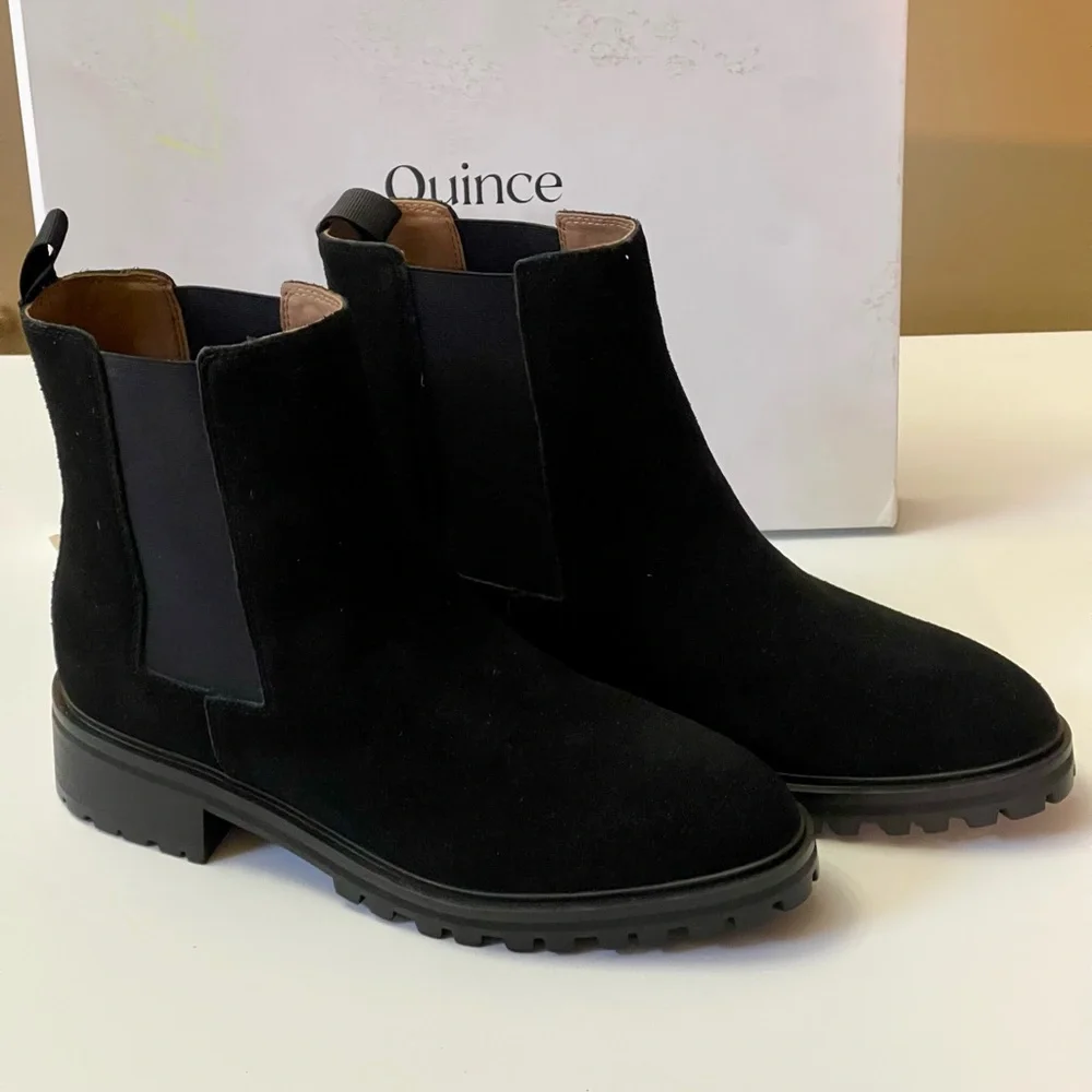 NEW QUINCE CHELSEA SUEDE PULL ON BOOTS WOMENS BLACK 1.5 INCH HEEL - Picture 6 of 15